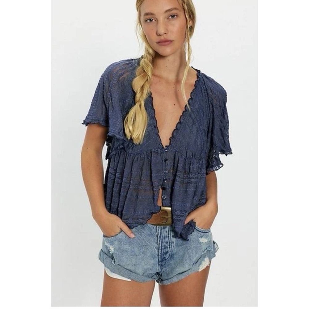 Free People Navy Button-Front Blouse
